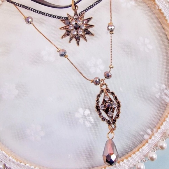 Dark Romance Vamp Academia Layered Faux Suede Gold Diamond Beaded Choker - Picture 6 of 12